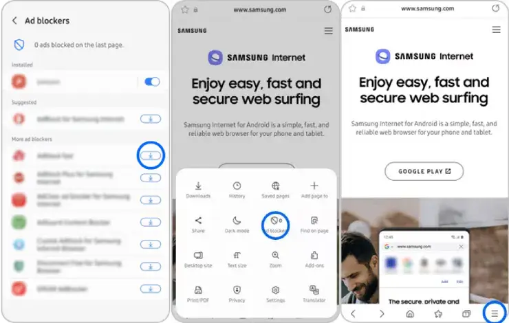 حذف تبلیغات Samsung Internet