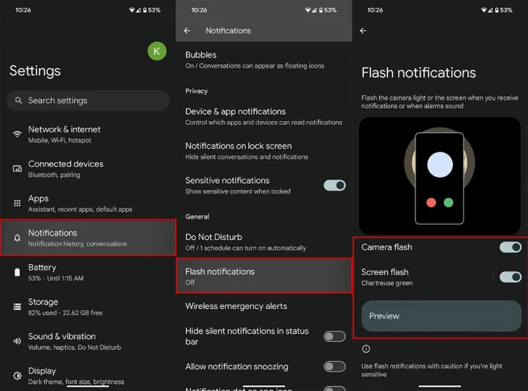 فعال کردن قابلیت Flash Notification برای هشدارهای نوری