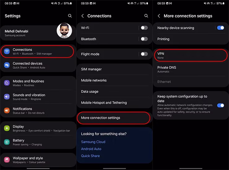 تنظیمات VPN در گوشی سامسونگ