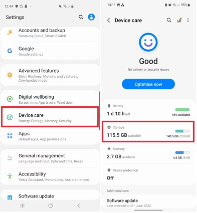 تنظیمات Device Care در گوشی سامسونگ